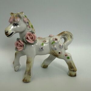 Vintage Japan Porcelain Horse Figurine with Applied Roses White Gold Pink 4.5 in